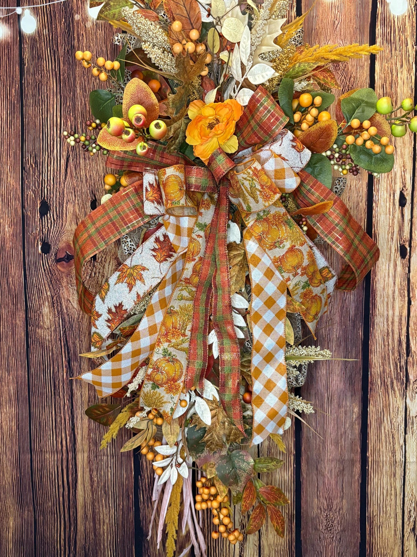 Handcrafted Autumn Door Swag: Plaid Ribbons, Pumpkins & Berries