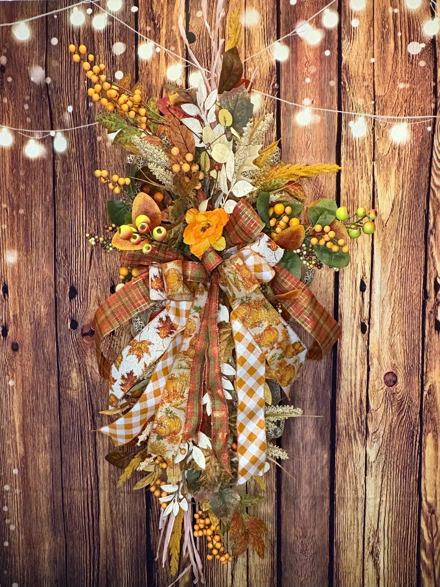 Handcrafted Autumn Door Swag: Plaid Ribbons, Pumpkins & Berries