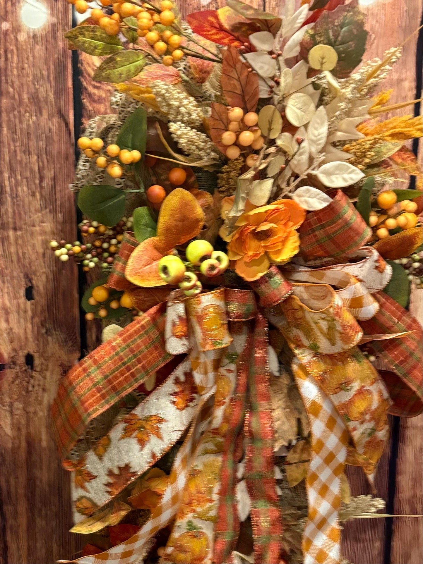 Handcrafted Autumn Door Swag: Plaid Ribbons, Pumpkins & Berries