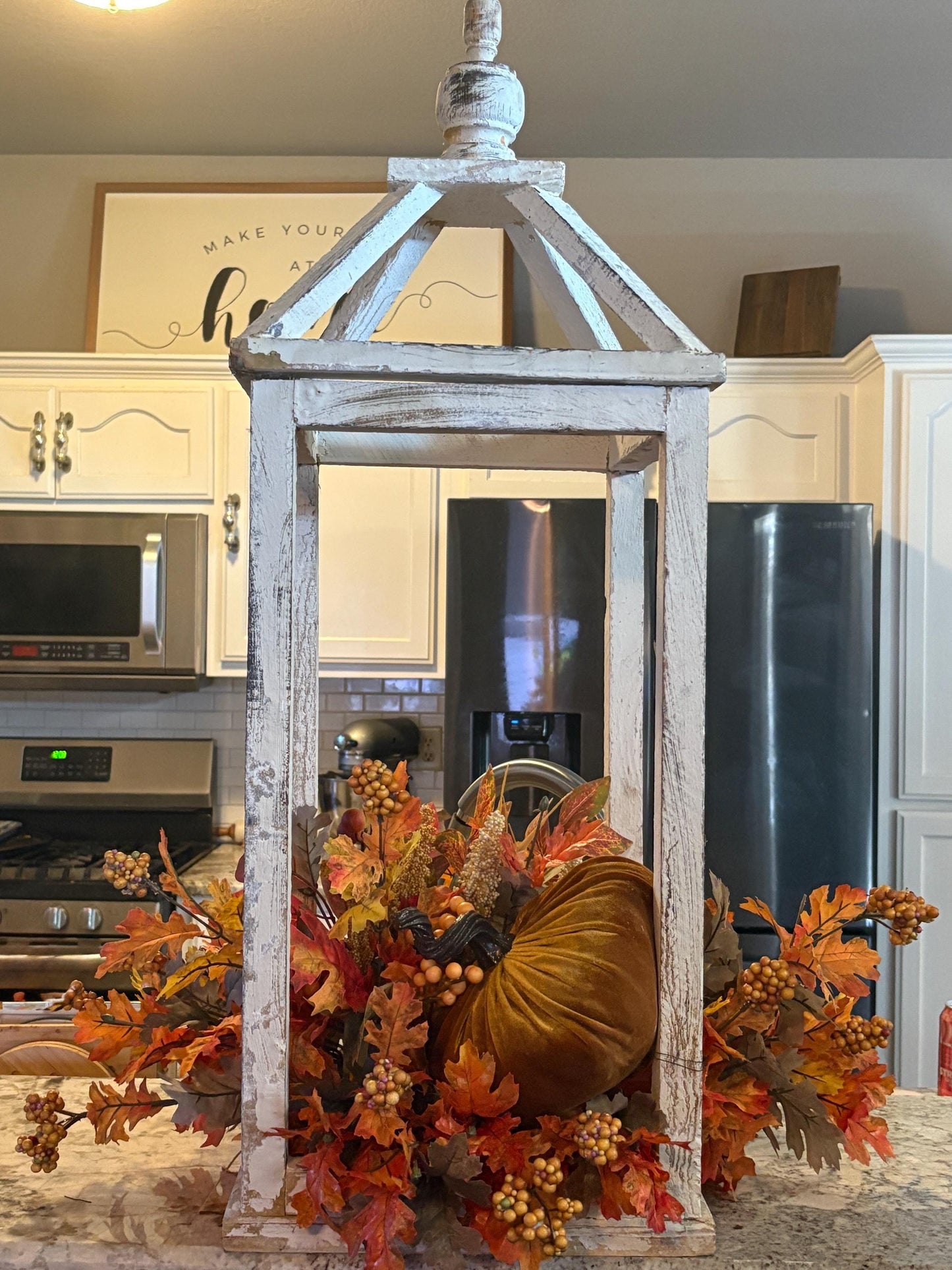 Rustic Farmhouse Fall Lantern Centerpiece - Velvet Pumpkin and Autumn Leaves