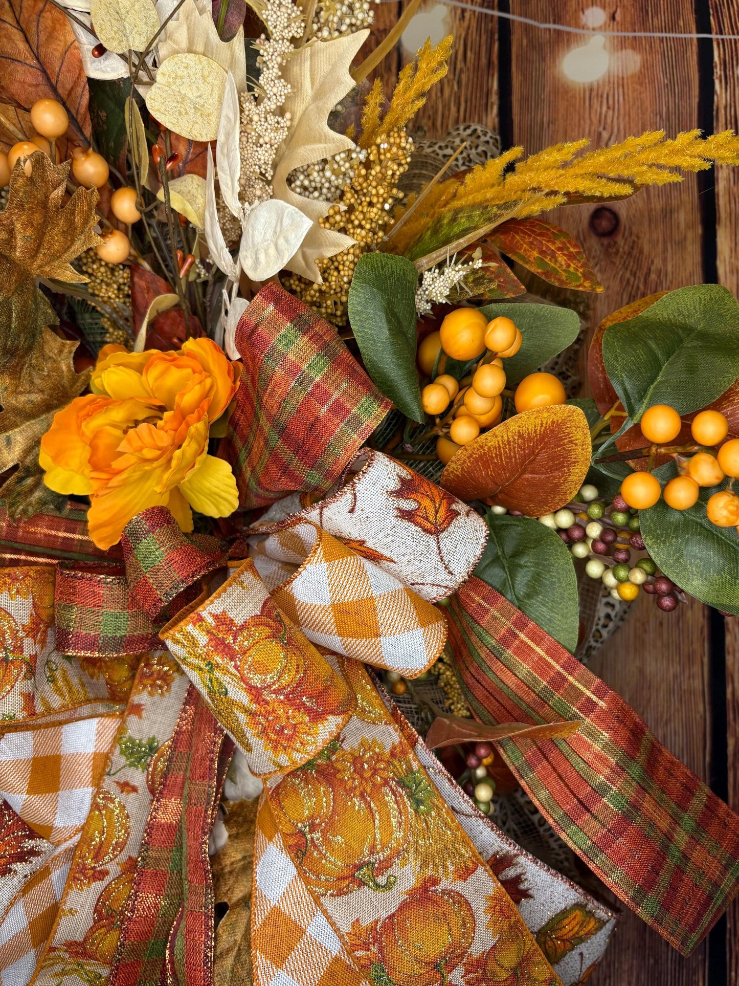 Handcrafted Autumn Door Swag: Plaid Ribbons, Pumpkins & Berries