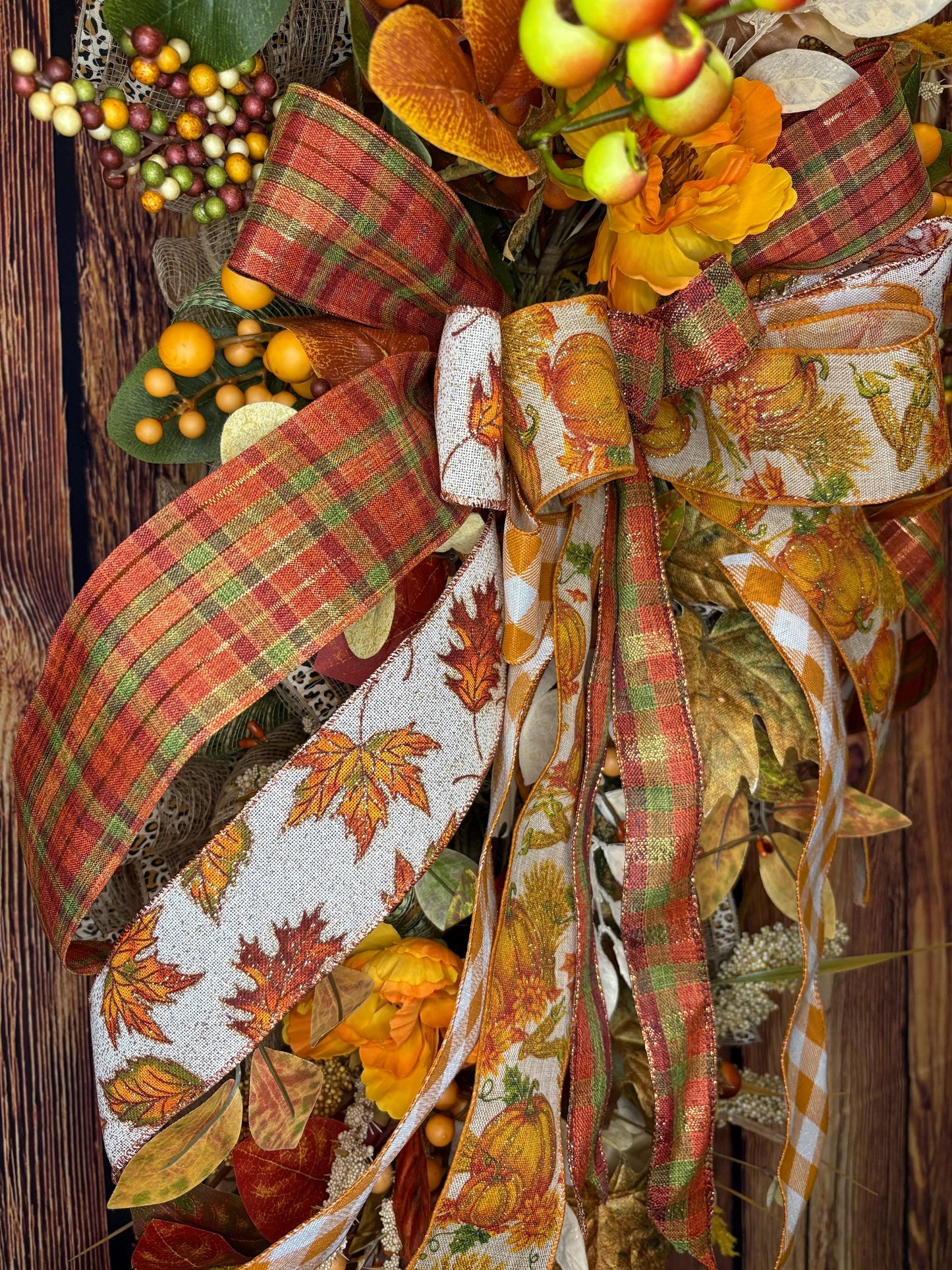 Handcrafted Autumn Door Swag: Plaid Ribbons, Pumpkins & Berries
