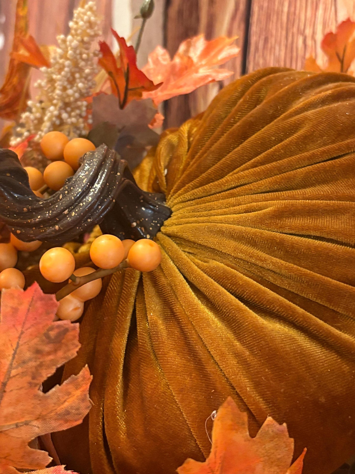 Rustic Farmhouse Fall Lantern Centerpiece - Velvet Pumpkin and Autumn Leaves