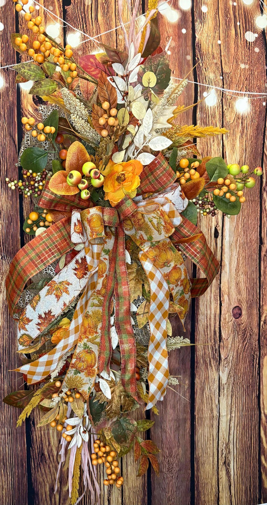 Handcrafted Autumn Door Swag: Plaid Ribbons, Pumpkins & Berries