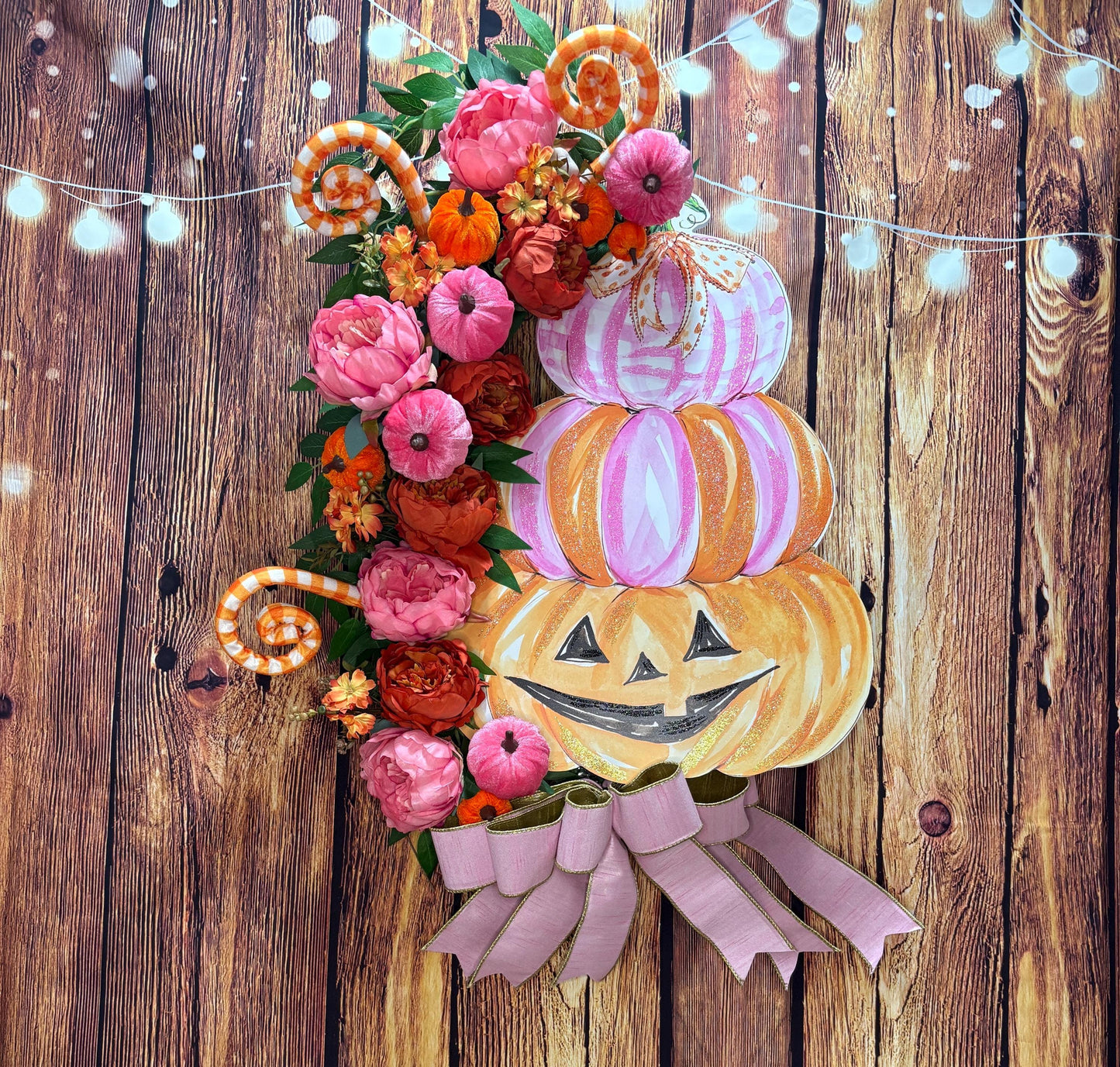 Whimsical Halloween Wreath with a Round Top Collection Pumpkin Stack, Pink and Orange Peonies, and Velvet Pumpkins