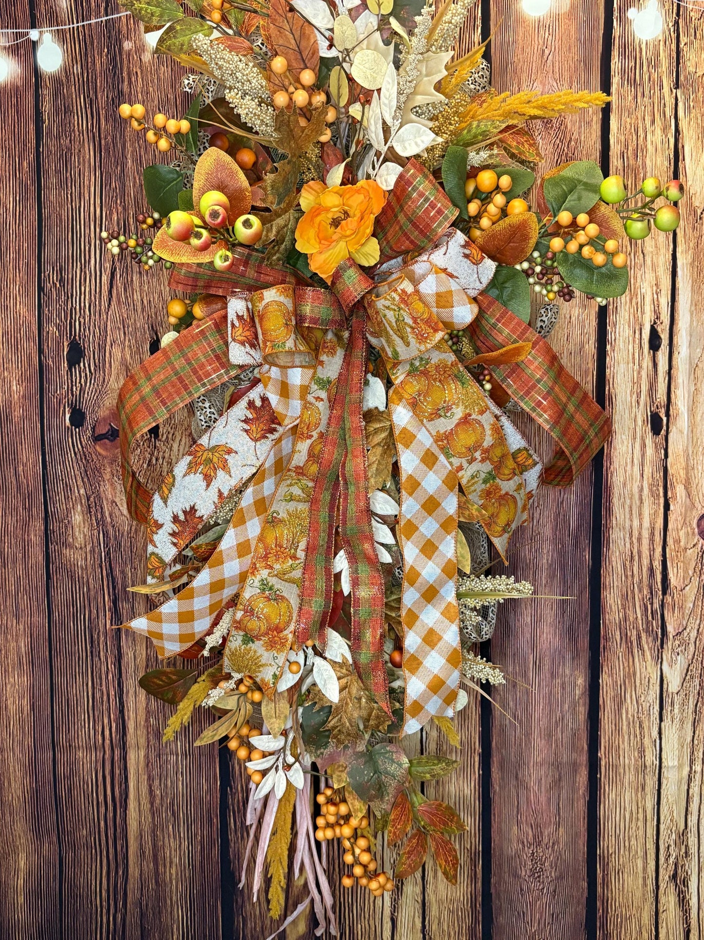 Handcrafted Autumn Door Swag: Plaid Ribbons, Pumpkins & Berries
