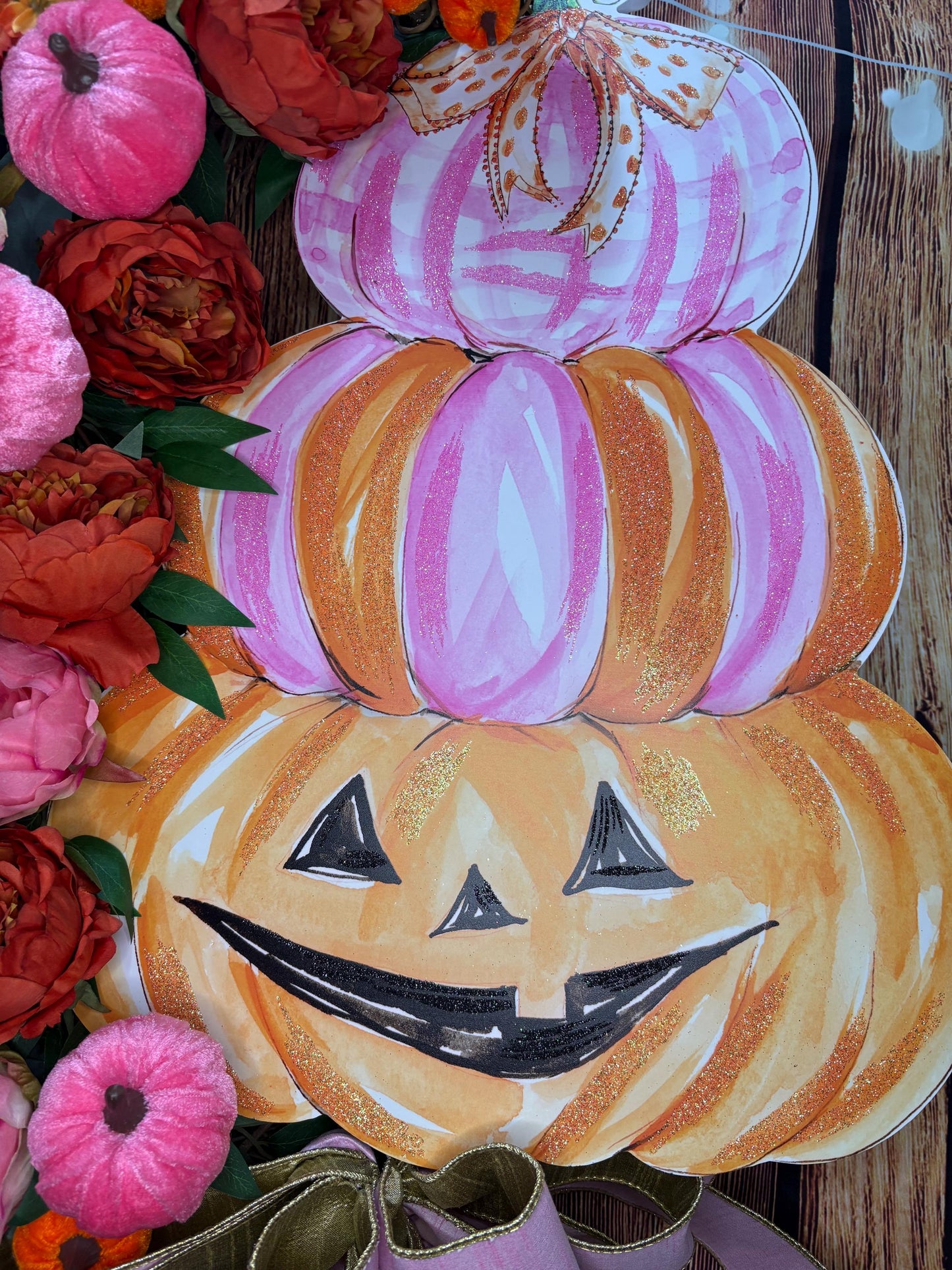 Whimsical Halloween Wreath with a Round Top Collection Pumpkin Stack, Pink and Orange Peonies, and Velvet Pumpkins