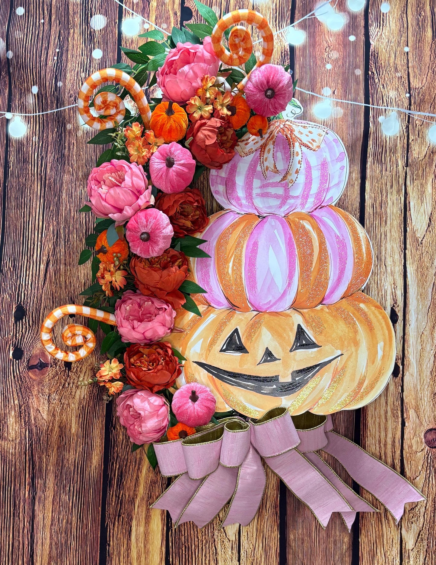 Whimsical Halloween Wreath with a Round Top Collection Pumpkin Stack, Pink and Orange Peonies, and Velvet Pumpkins