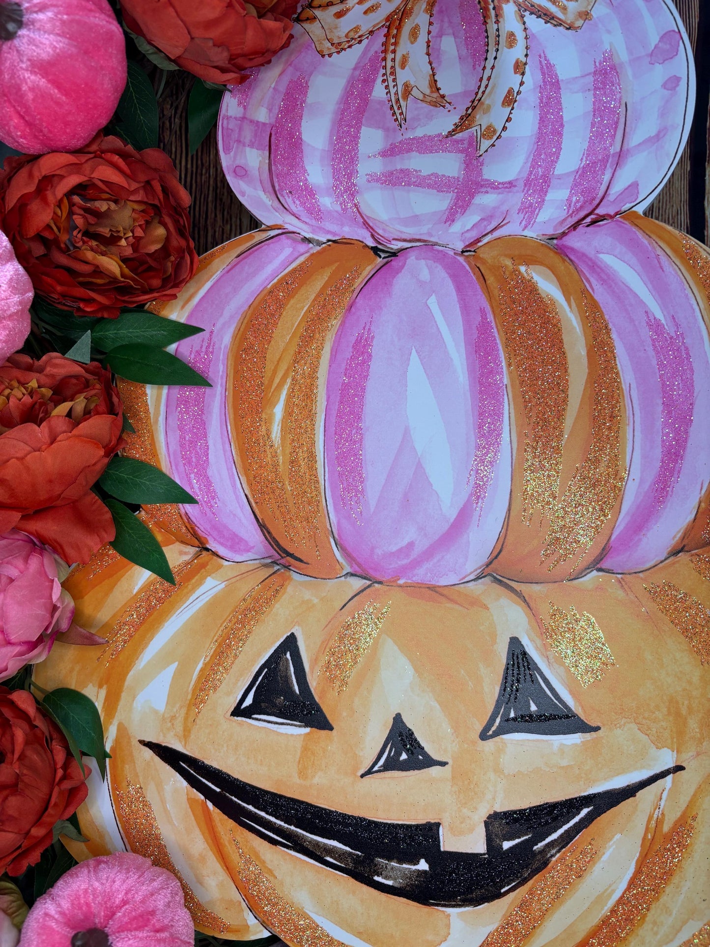 Whimsical Halloween Wreath with a Round Top Collection Pumpkin Stack, Pink and Orange Peonies, and Velvet Pumpkins
