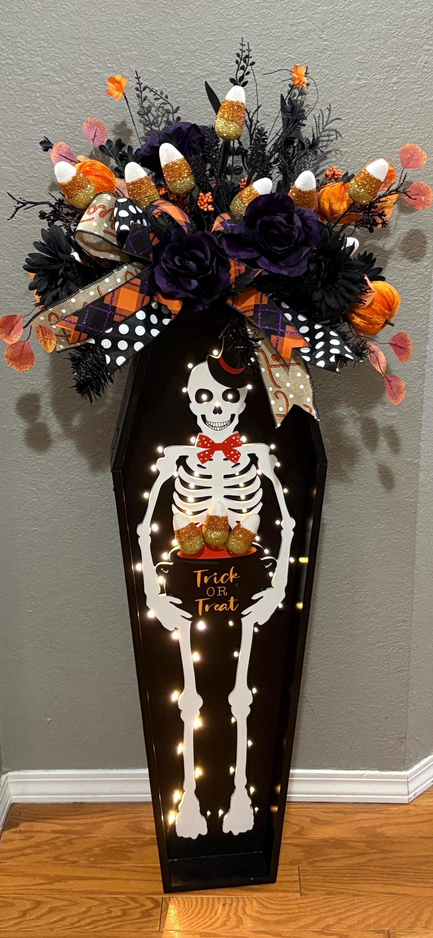 Halloween Skeleton Coffin Candy Corn Arrangement - Trick or Treat Light Up Decoration