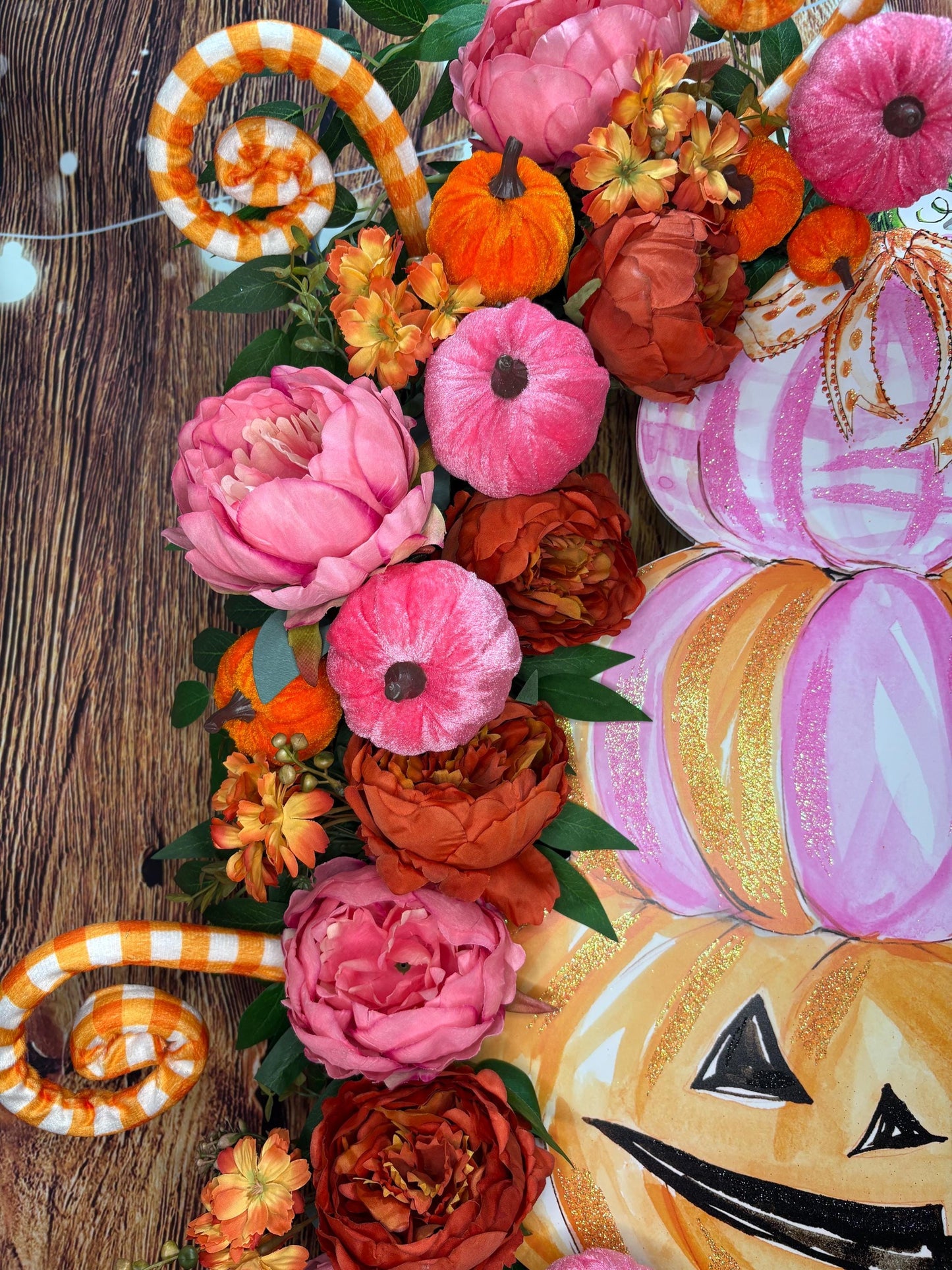 Whimsical Halloween Wreath with a Round Top Collection Pumpkin Stack, Pink and Orange Peonies, and Velvet Pumpkins