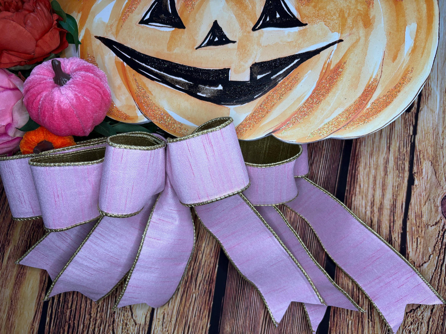 Whimsical Halloween Wreath with a Round Top Collection Pumpkin Stack, Pink and Orange Peonies, and Velvet Pumpkins