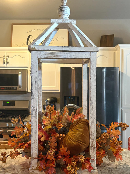 Rustic Farmhouse Fall Lantern Centerpiece - Velvet Pumpkin and Autumn Leaves