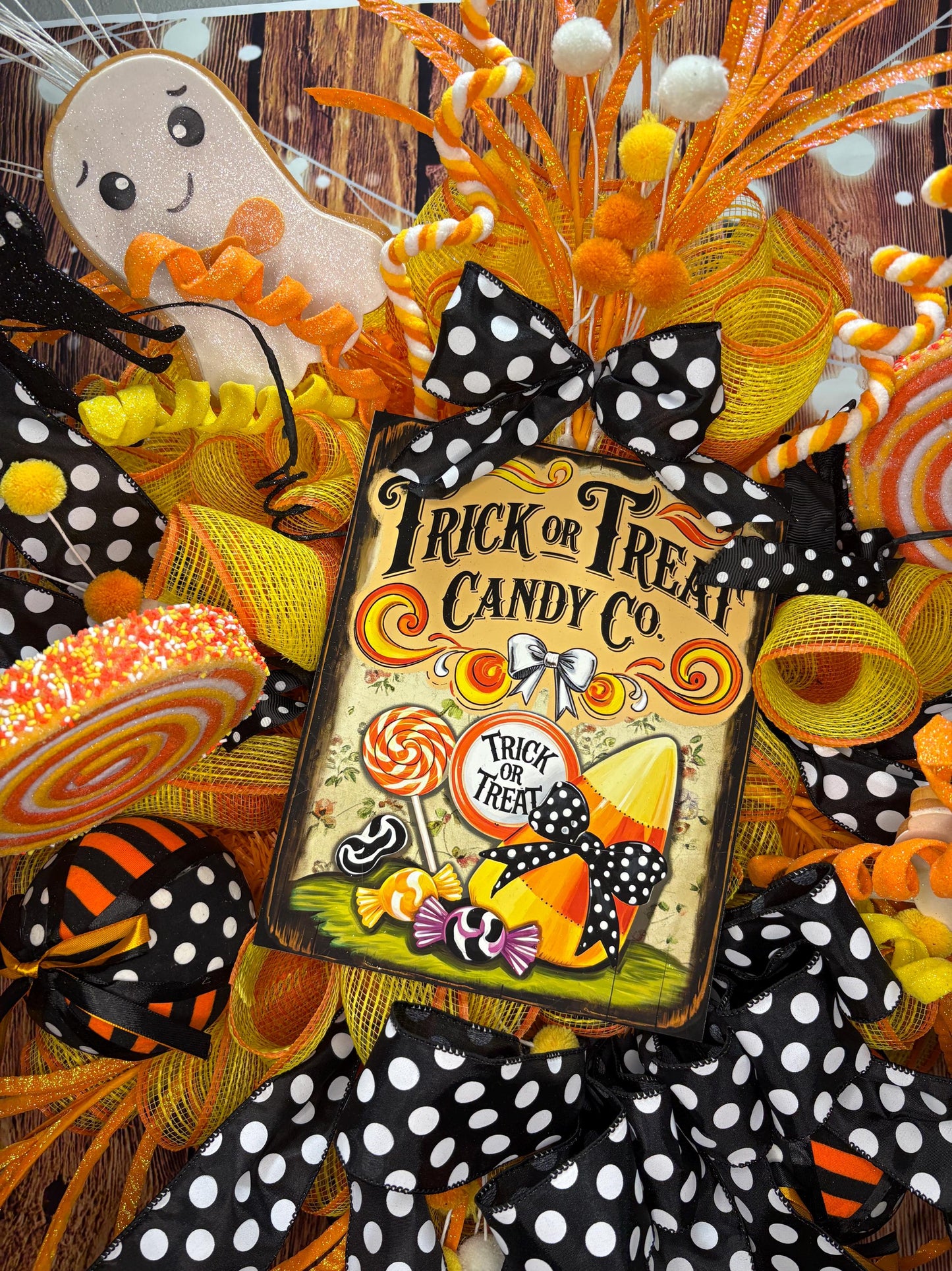 Halloween Trick or Treat Candy Corn Ghost Wreath