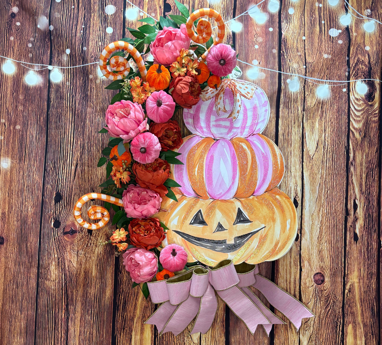 Whimsical Halloween Wreath with a Round Top Collection Pumpkin Stack, Pink and Orange Peonies, and Velvet Pumpkins