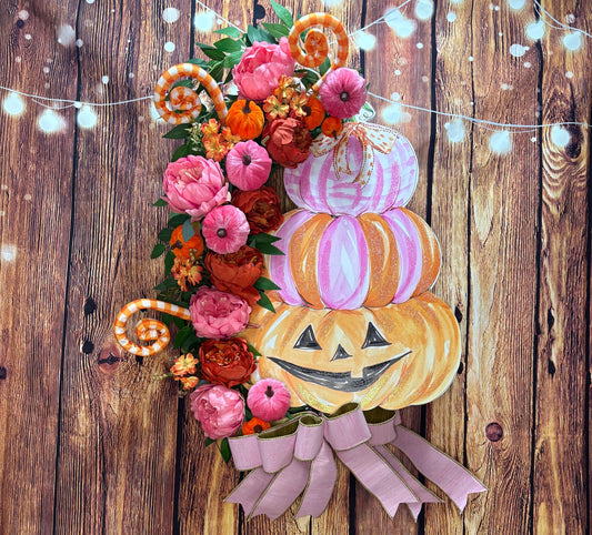 Whimsical Halloween Wreath with a Round Top Collection Pumpkin Stack, Pink and Orange Peonies, and Velvet Pumpkins