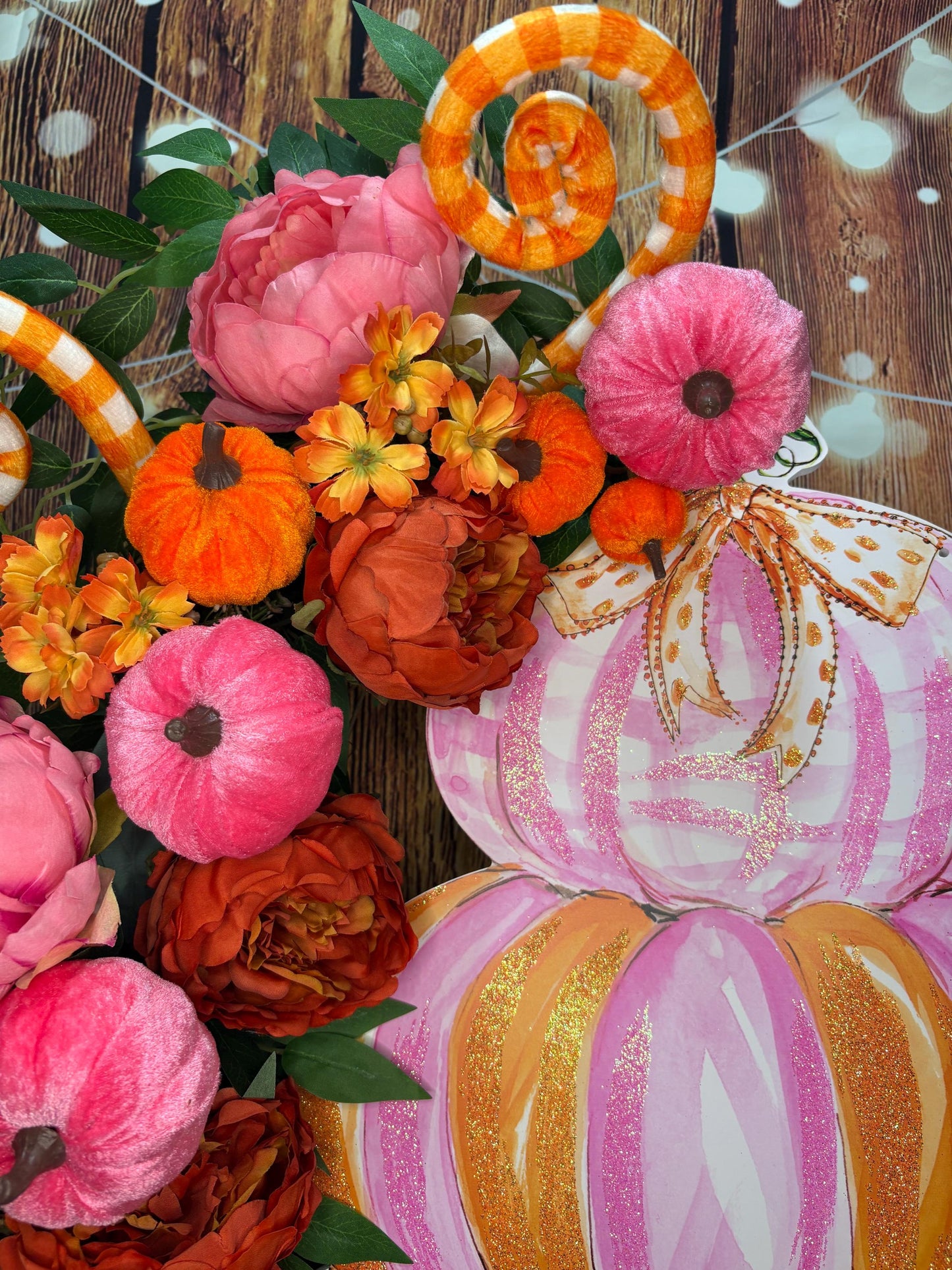 Whimsical Halloween Wreath with a Round Top Collection Pumpkin Stack, Pink and Orange Peonies, and Velvet Pumpkins