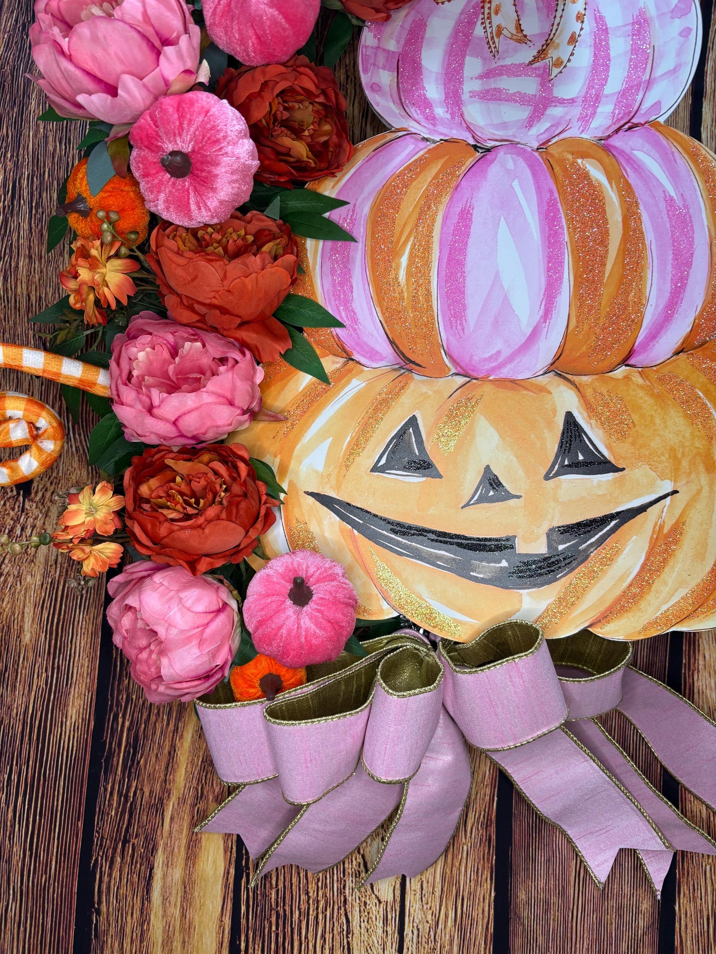 Whimsical Halloween Wreath with a Round Top Collection Pumpkin Stack, Pink and Orange Peonies, and Velvet Pumpkins